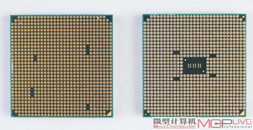 从正面看A系列APU和Phenom Ⅱ处理器没什么区别，但处理器针脚面的区别就相当明显了。APU的Socket FM1接口只有905个针脚，和拥有941个针脚的Socket AM3比起来中间明显地空出了不少。